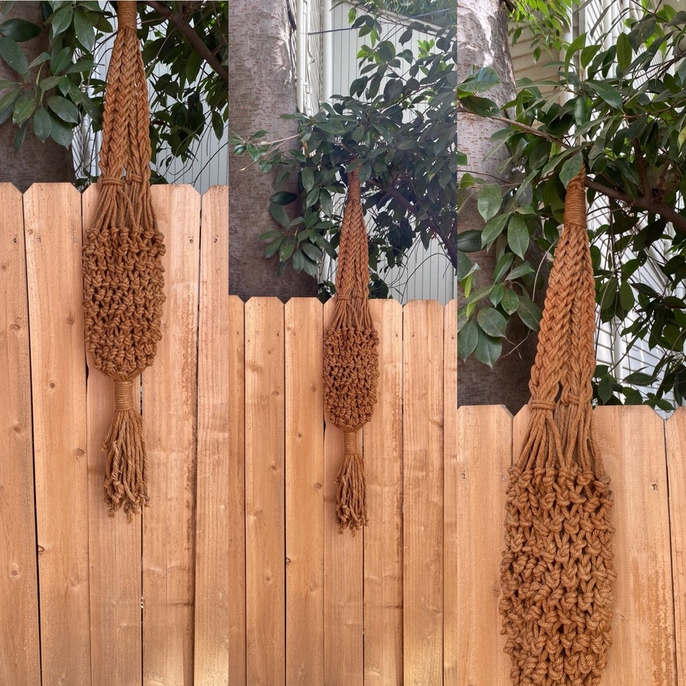 LARGE Tan Macrame Jute Rope Plant Hanger 50" 70s Boho Fringe Retro Houseplant